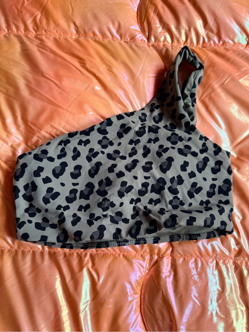 Ryderwear One-Shoulder Leopard Sports Bra in Taupe and Black